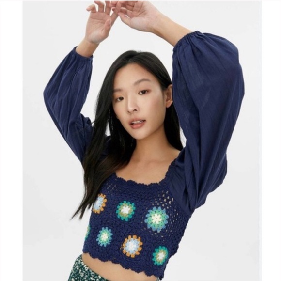 NWT Cottagecore Crochet Floral Long Puff Sleeve Top size Medium - Picture 2 of 8